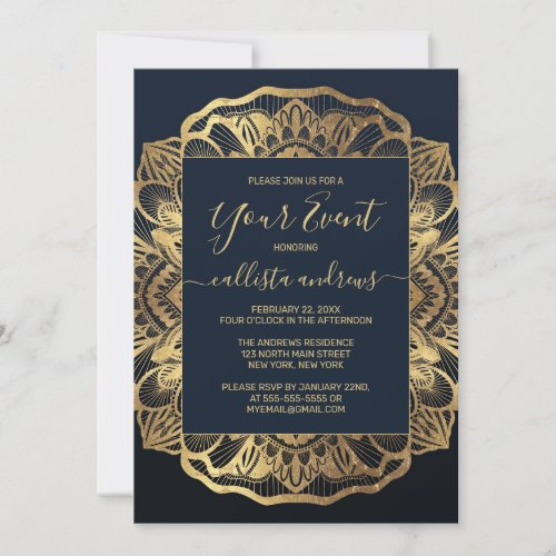 Chic Modern Navy Blue Gold Mandala Invitation