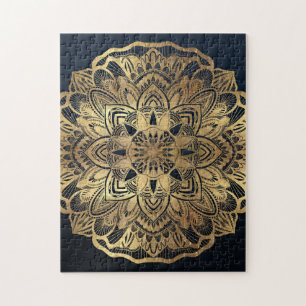 Chic Modern Navy Blue Gold Mandala Jigsaw Puzzle