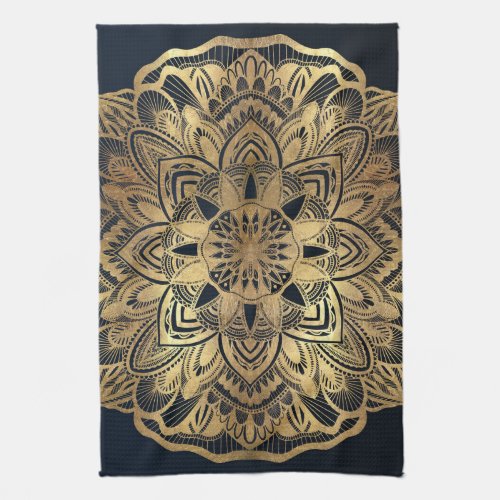 Chic Modern Navy Blue Gold Mandala Kitchen Towel