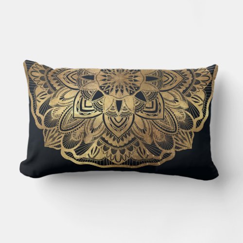 Chic Modern Navy Blue Gold Mandala Lumbar Pillow