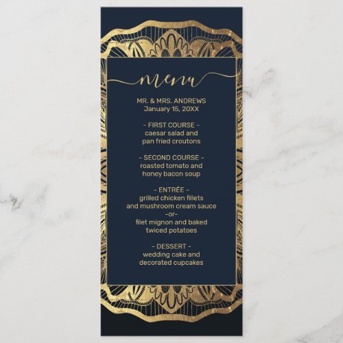 Chic Modern Navy Blue Gold Mandala Menu