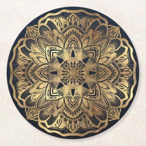 Chic Modern Navy Blue Gold Mandala Round Paper Coaster