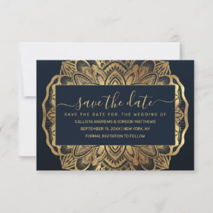 Chic Modern Navy Blue Gold Mandala Save The Date
