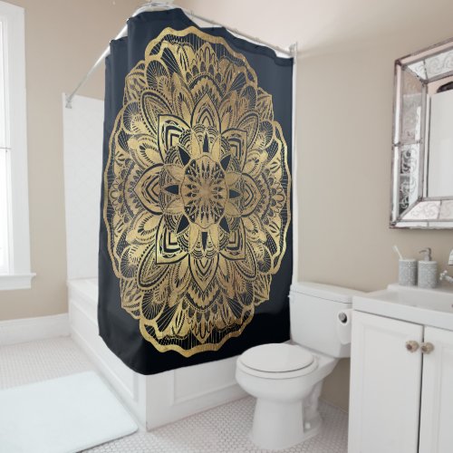 Chic Modern Navy Blue Gold Mandala Shower Curtain