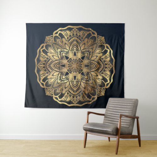 Chic Modern Navy Blue Gold Mandala Tapestry