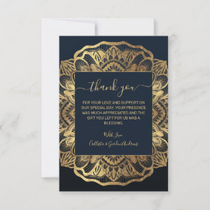 Chic Modern Navy Blue Gold Mandala Thank You Card