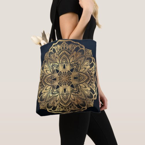 Chic Modern Navy Blue Gold Mandala Tote Bag