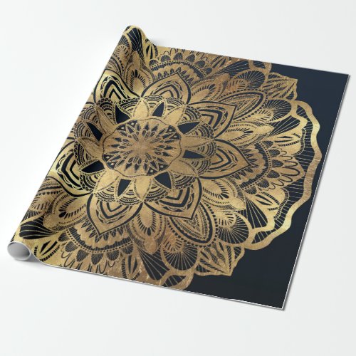 Chic Modern Navy Blue Gold Mandala Wrapping Paper