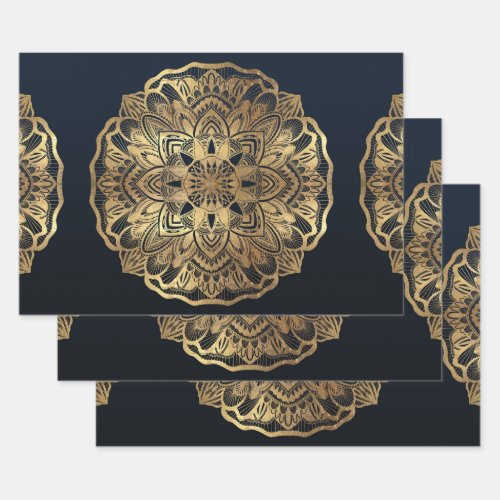 Chic Modern Navy Blue Gold Mandala Wrapping Paper Sheets