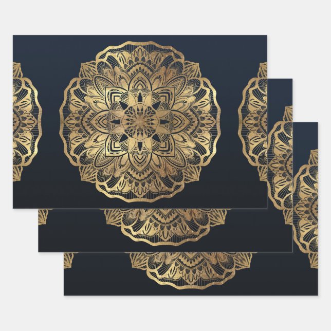 Chic Modern Navy Blue Gold Mandala Wrapping Paper Sheets (Set)