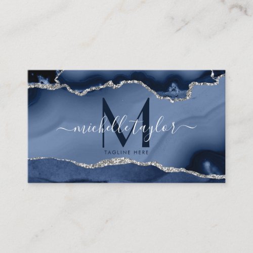 Chic Modern Navy Blue Monogram Agate Glitter Business Card