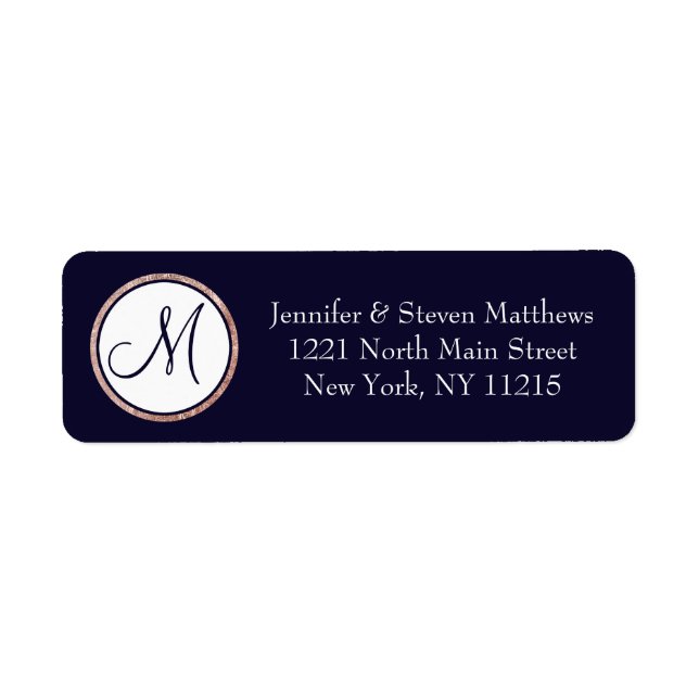 Chic Modern Navy Blue Rose Gold Circle Monogram Label (Front)