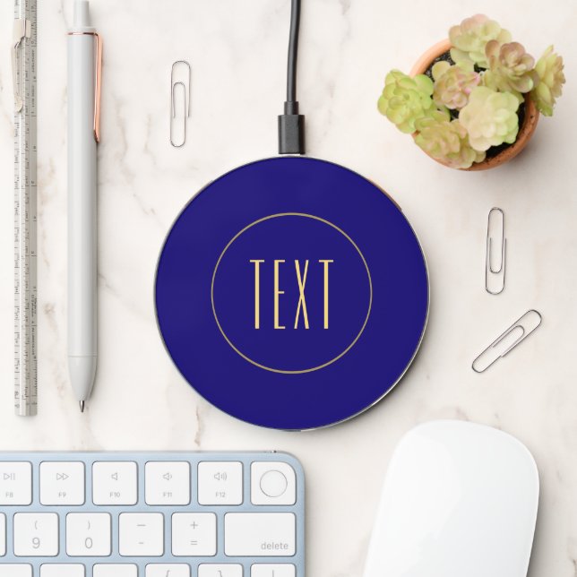 Chic Modern Navy Center Text Circular Rim Stripe Wireless Charger (Desk)