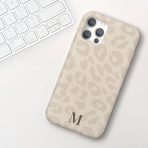 Chic Modern Neutral Color Leopard Print Monogram iPhone 15 Case