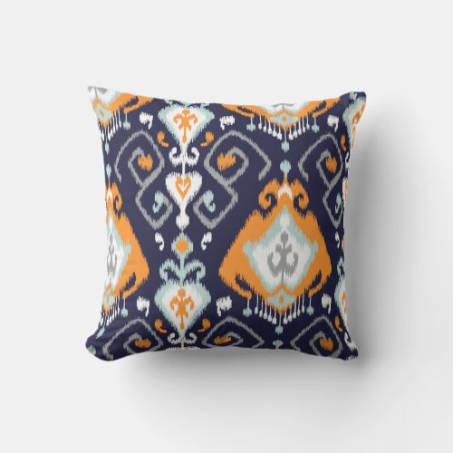 Chic modern orange navy blue ikat tribal pattern throw pillow