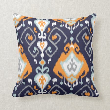 Chic Modern Orange Navy Blue Ikat Tribal Pattern Throw Pillow