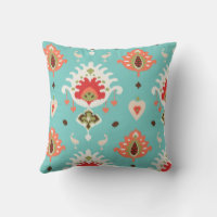 Modern turquoise red ikat tribal pattern monogram throw pillow