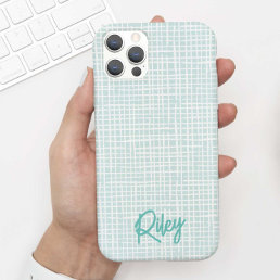 Chic Modern Pale Aqua Teal Hand Drawn Pattern Name iPhone 15 Case