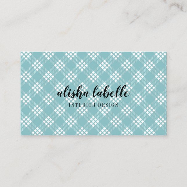 Chic & Modern Pale Blue Plaid Business Card (Front)