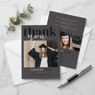 Chic Modern Photo Charcoal Graduation Thank You Card