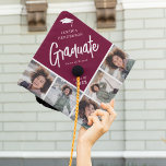 Chic Modern Photo Collage Custom Color Graduate Gr Graduation Cap Topper<br><div class="desc">Stand out in the crowd with this chic modern multi photo collage graduation cap topper. Design features a burgandy block that can be changed to any color, a white mortarbard hat, the graduates name, the text 'Graduate' in white calligraphy script, name of school and class year. Simply upload 5 favorite...</div>