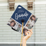 Chic Modern Photo Collage Custom Color Graduate Gr Graduation Cap Topper<br><div class="desc">Stand out in the crowd with this chic modern multi photo collage graduation cap topper. Design features a trendy navy blue block that can be changed to any color, a white mortarbard hat, the graduates name, the text 'Graduate' in white calligraphy script, name of school and class year. Simply upload...</div>
