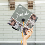 Chic Modern Photo Collage Custom Color Graduate Graduation Cap Topper<br><div class="desc">Stand out in the crowd with this chic modern multi photo collage graduation cap topper. Design features a sage green block that can be changed to any color, a white mortarbard hat, the graduates name, the text 'Graduate' in white calligraphy script, name of school and class year. Simply upload 5...</div>