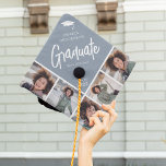 Chic Modern Photo Collage Custom Color Graduate  Graduation Cap Topper<br><div class="desc">Stand out in the crowd with this chic modern multi photo collage graduation cap topper. Design features a dusty blue block that can be changed to any color, a white mortarbard hat, the graduates name, the text 'Graduate' in white calligraphy script, name of school and class year. Simply upload 5...</div>