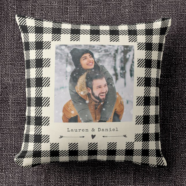 Chic Modern Photo Ivory Plaid Valentines Day Throw Pillow (Creator Uploaded)