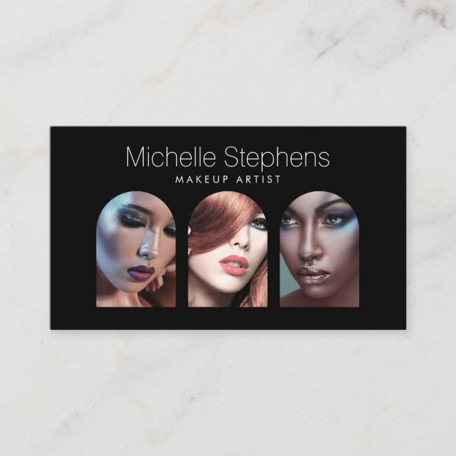 Chic Modern Photo Trio for Makeup Artists Black Business Card (Front)