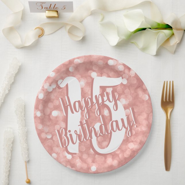 Chic Modern Pink Bokeh Lights 15 Happy Birthday Paper Plates (Wedding)