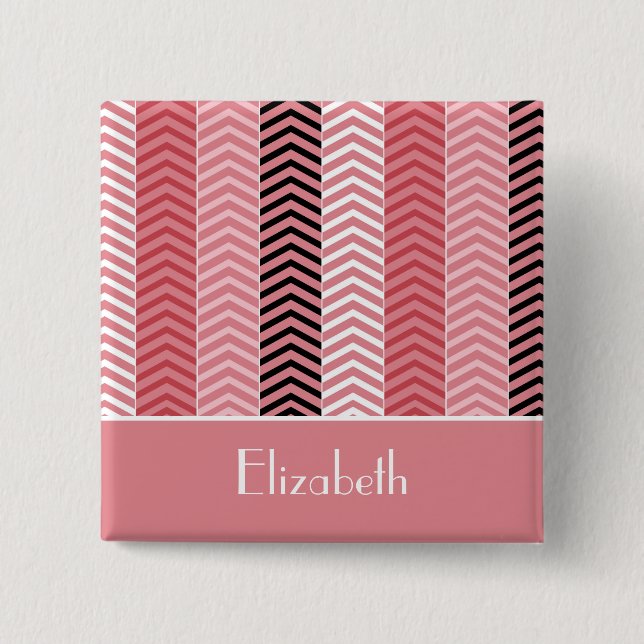 Chic Modern Pink Chevron Stripes and Name Pinback Button (Front)