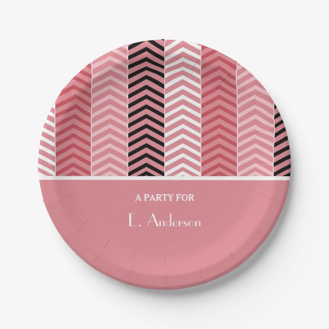 Chic Modern Pink Chevron Stripes With Name Paper Plates (Front)