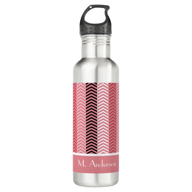 Chic Modern Pink Chevron Stripes With Name Water Bottle (Front)