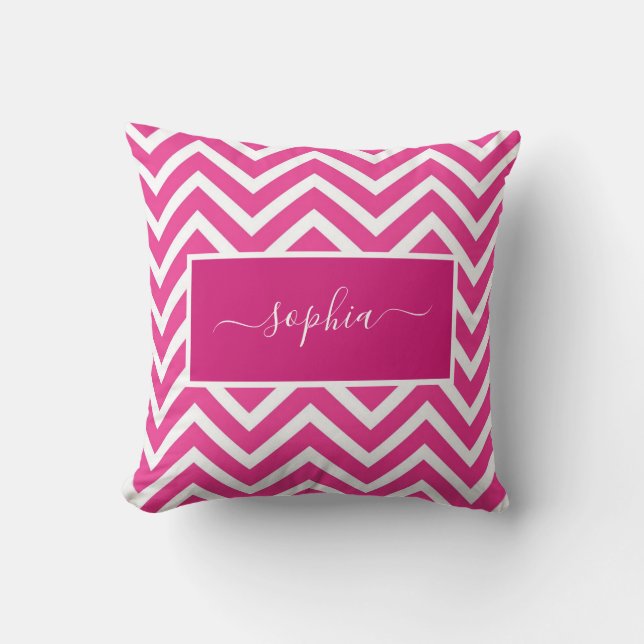 Chic Modern Pink Chevron Zig Zag Pattern Name Throw Pillow (Front)