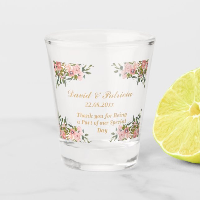 Chic Modern Pink Floral  wedding favors for Guests Shot Glass (Front)