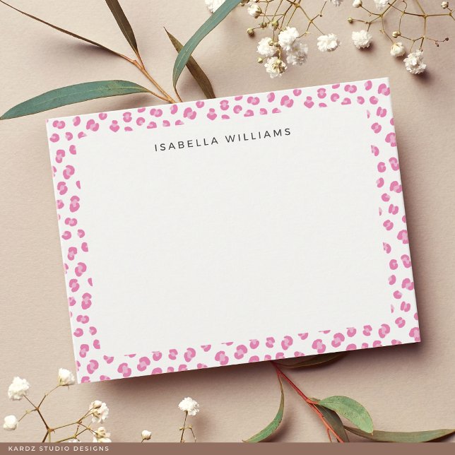 Chic Modern Pink Leopard Animal Print Note Card (The front of the card is shown at a 4.25 x 5.5 inch size. Choose size, paper, + corner style.)