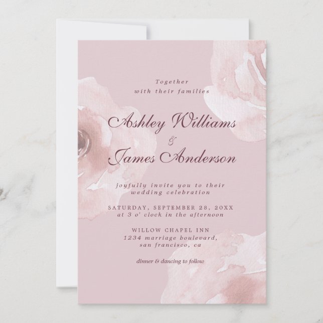 Chic Modern Pink Rose Floral Purple Wedding Invitation (Front)