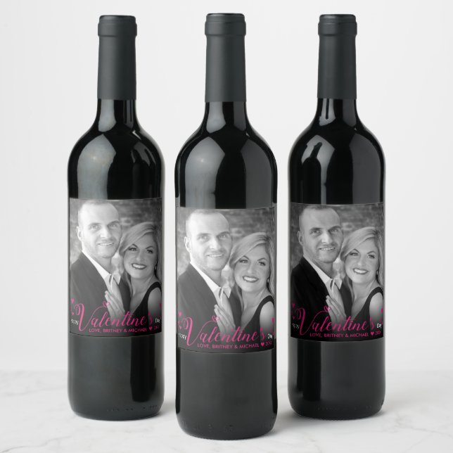 Chic Modern Pink Script Hearts Black White Photo Wine Label (Bottles)