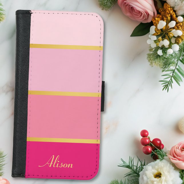 Chic Modern pink Stripes gold Name  iPhone Wallet Case (Creator Uploaded)
