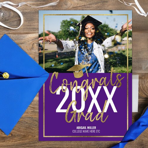 Chic Modern Purple And Gold Script Graduation Announcement
