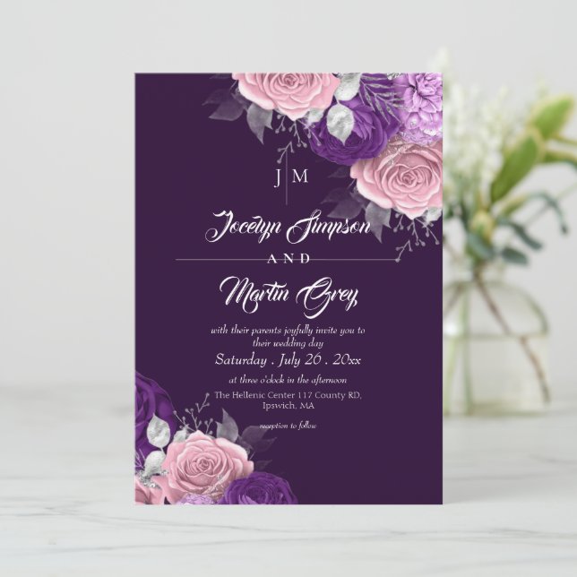 Chic Modern Purple & Blush Pink Floral Wedding  Invitation (Standing Front)