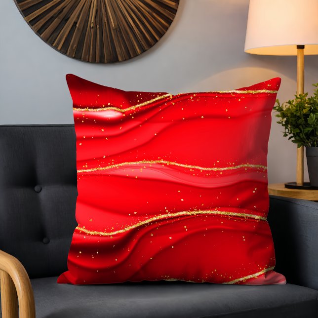Chic Modern Red Abstract Wave Gold Glitter Sparkle Throw Pillow (Creator Uploaded)