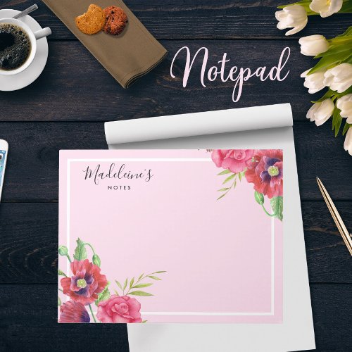 Chic Modern Red and Pink Flowers Blush Background Notepad