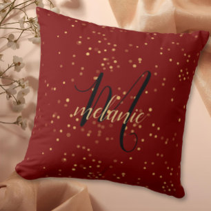 Chic Modern Red & Gold Monogram Throw Pillow
