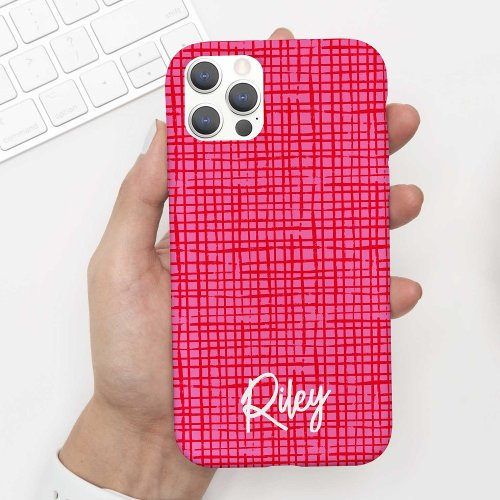 Chic Modern Red Hot Pink Hand Drawn Pattern Name iPhone 15 Case