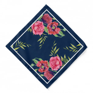 Chic Modern Red Pink Flowers on Dark Navy Bandana