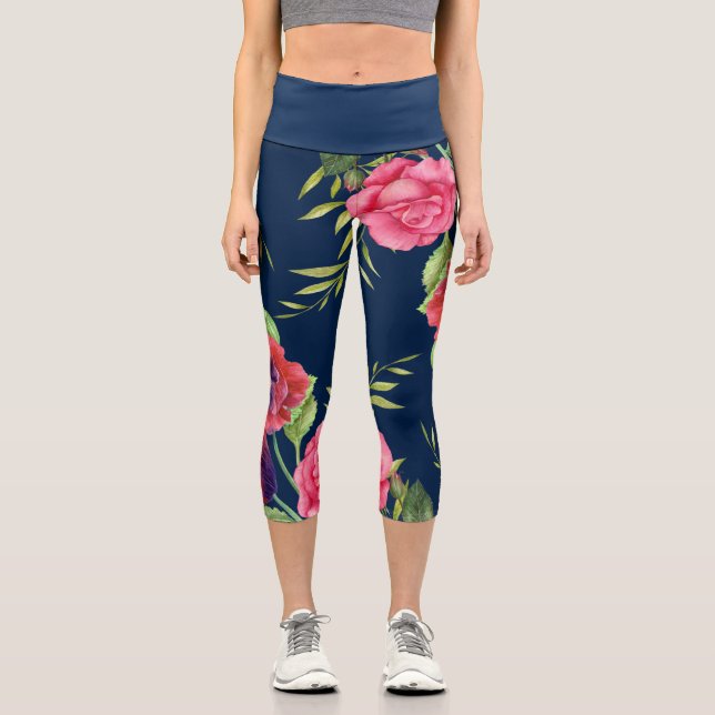 Chic Modern Red Pink Flowers on Dark Navy Leggings (Front)