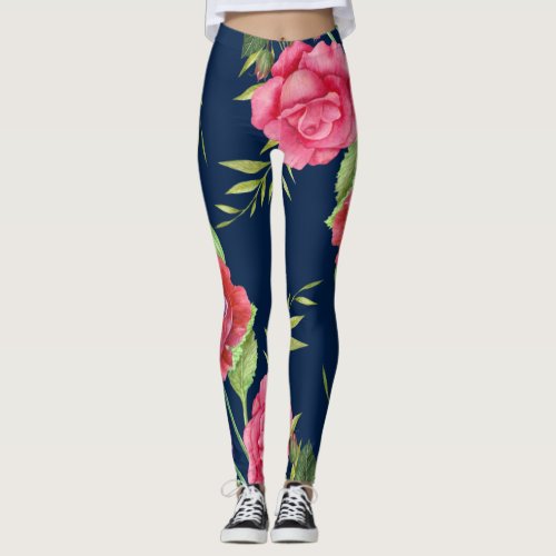 Chic Modern Red Pink Flowers on Dark Navy Leggings