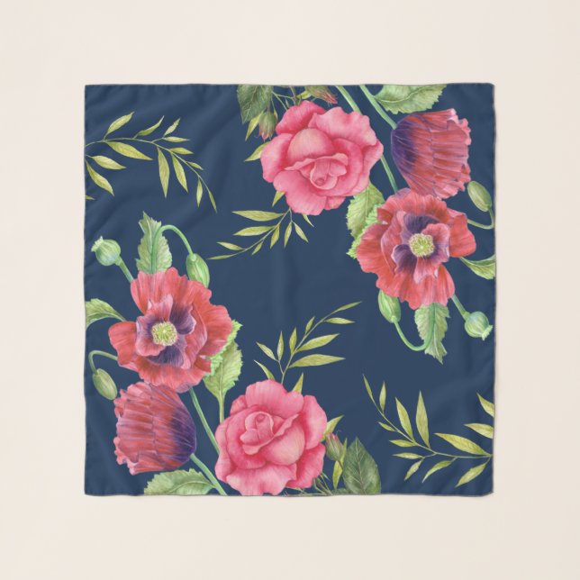 Chic Modern Red Pink Flowers on Dark Navy Scarf (Front)
